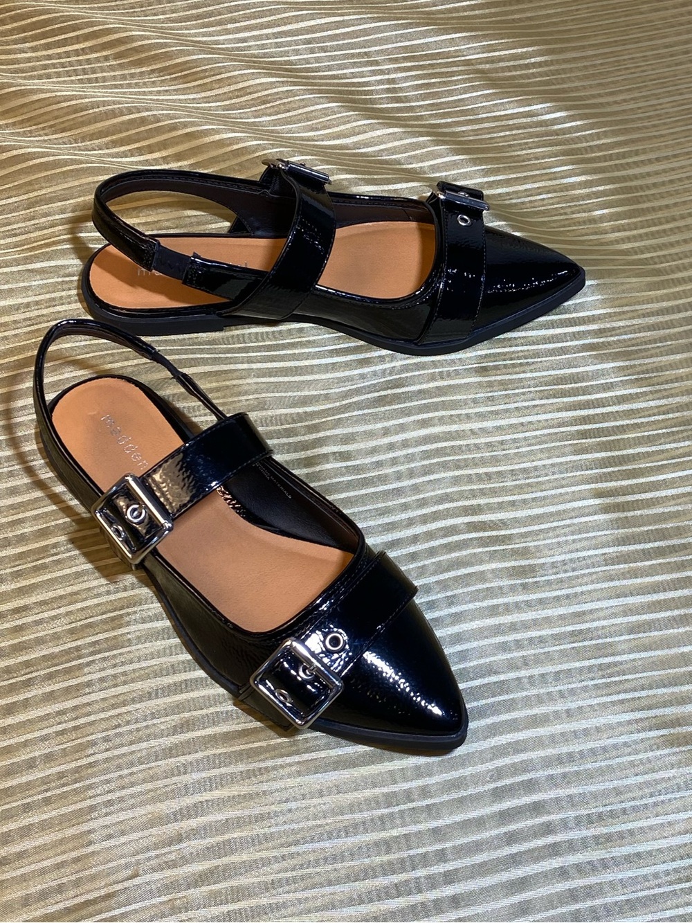MADDEN GIRL Black Patent Leather Pointed Slingback Flats with Buckles, size 7